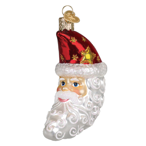 Red and gold workshop santa ornament with a glittery white beard made from glass perfect christmas glass ornament