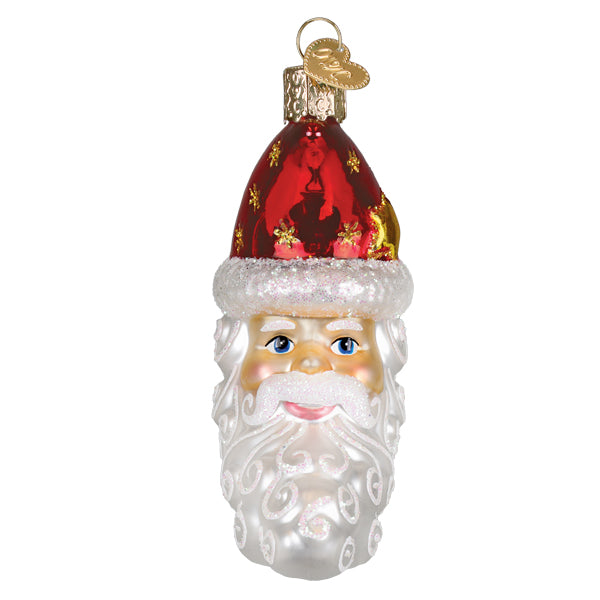 Red and gold glass santa ornament with white glittery beard and hat trim perfect for christmas decor