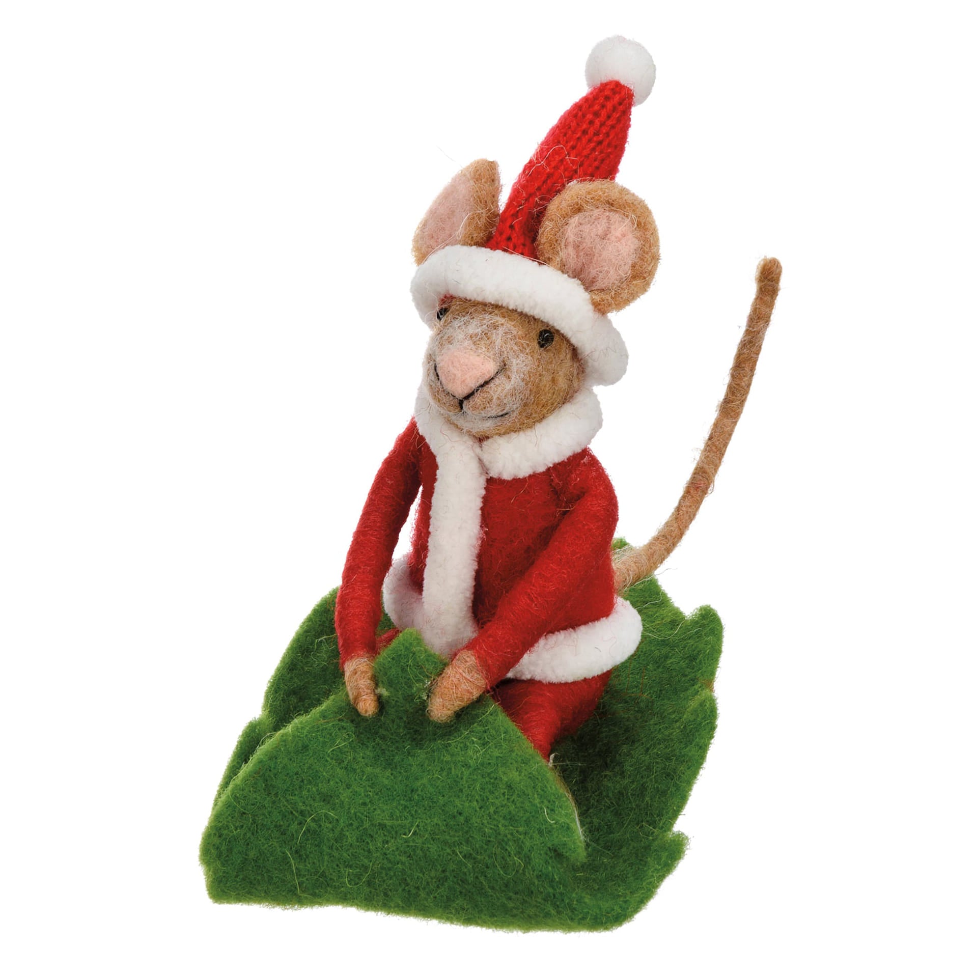 A charming red and white felt christmas mouse dressed in santa hat and coat sitting on a green felt base merry mouse critter