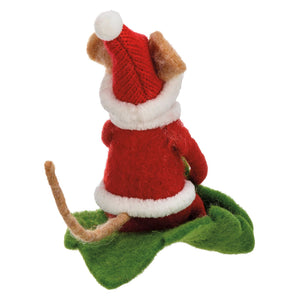 A festive red and white felt christmas mouse dressed in santa outfit with knitted hat and fluffy fur trim