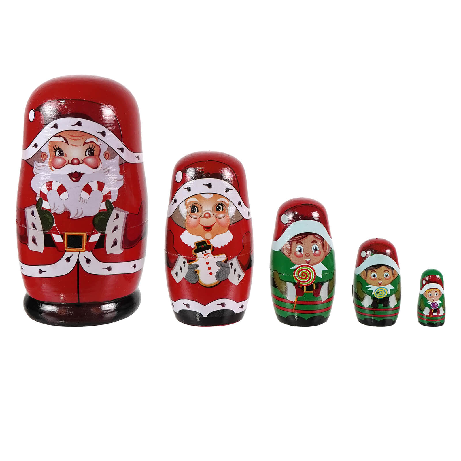 Set of five wooden santa mrs claus elves nesting dolls in red green featuring king nutcracker by kurt adler