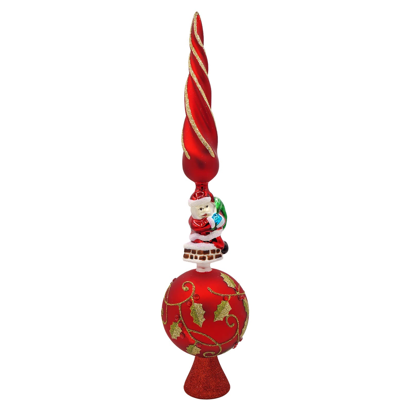 Red glass tree topper finial featuring santa claus on a decorative red sphere with gold holly vine patterns for christmas
