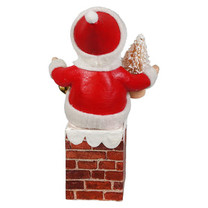 Santa on chimney figurine by bethany lowe designs holding a frosted pine tree in red and white folk art style