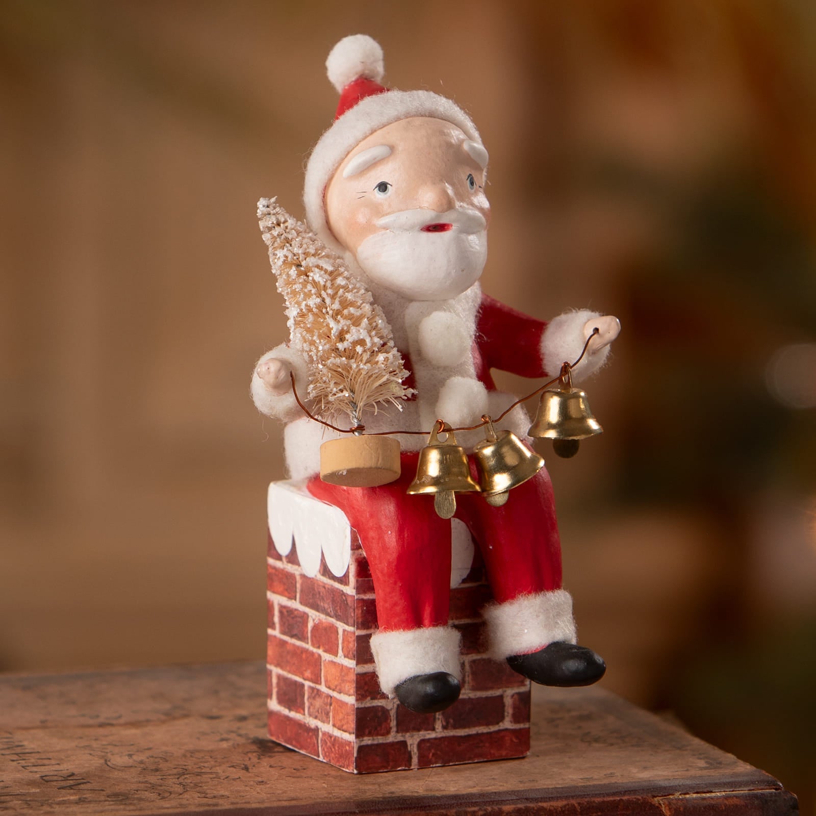 Vintage bethany lowe designs santa on chimney figurine in red plush holding frosted gold tree and three golden bells