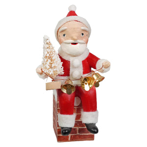 Santa on chimney figurine by bethany lowe designs in red and white holding a frosted tree with gold bells and folk art style