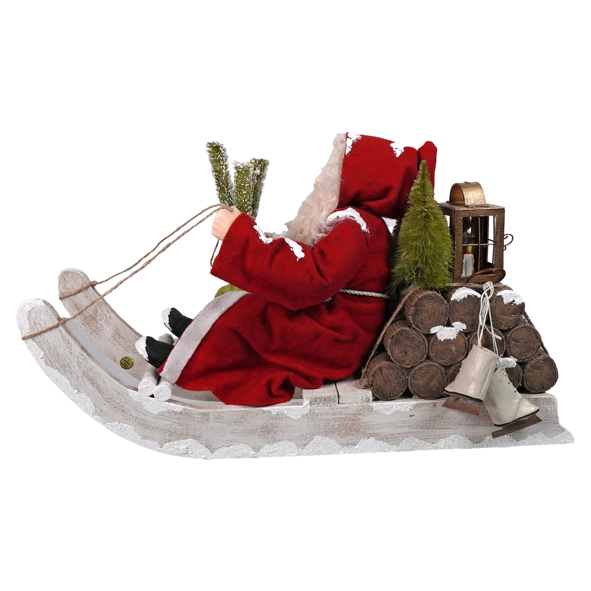 Red and white santa figurine seated in rustic whitewashed wooden log sled by bethany lowe designs folk art santas
