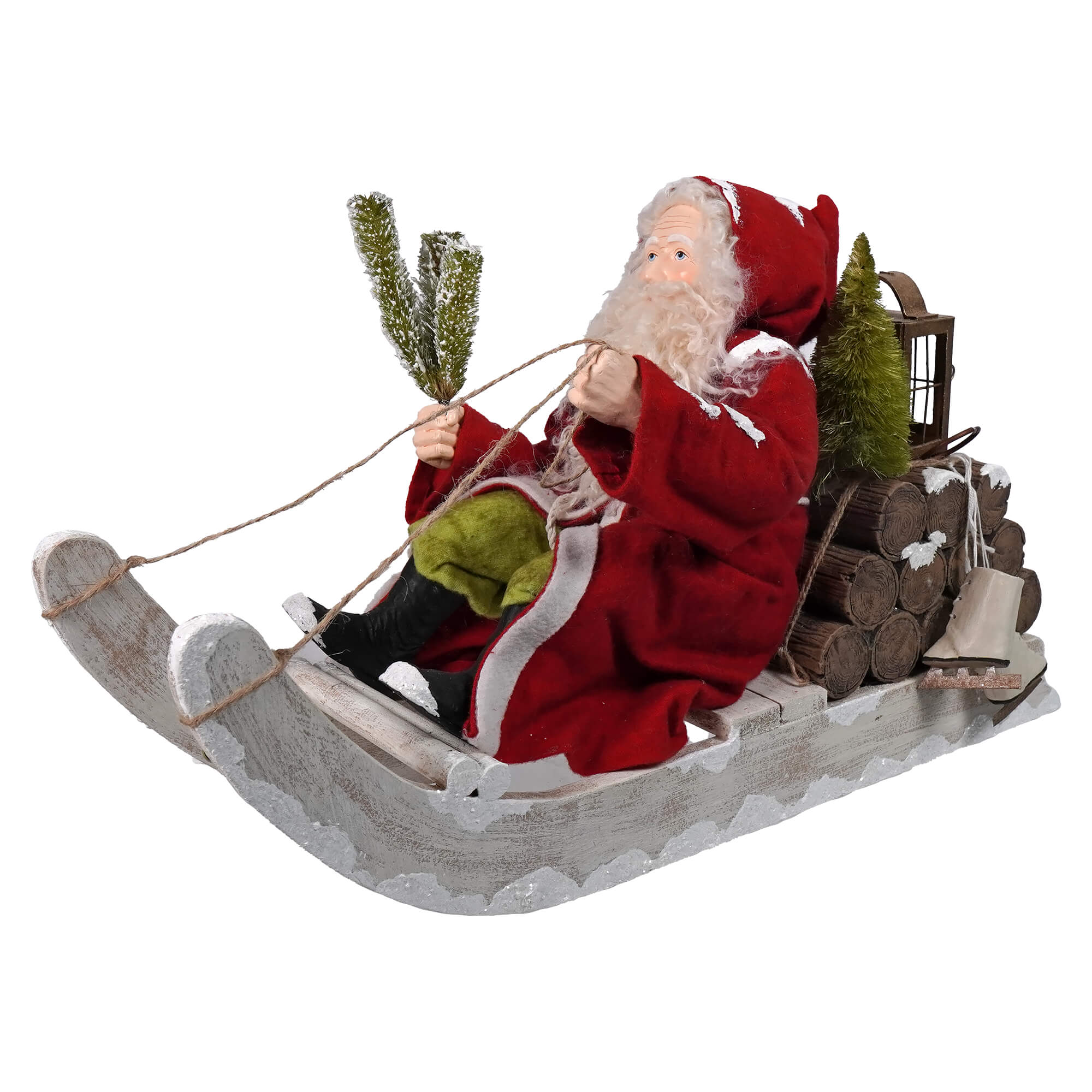 Plush red and white santa figure seated in a rustic gray wooden log sled by bethany lowe designs folk art santas