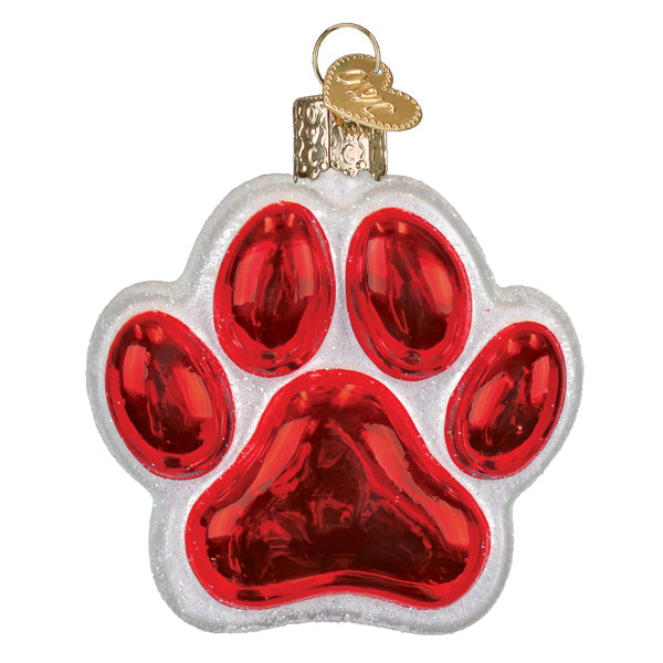 Santa Paws ornament red and silver glass paw print with gold heart tag perfect figural decor or lighted decor