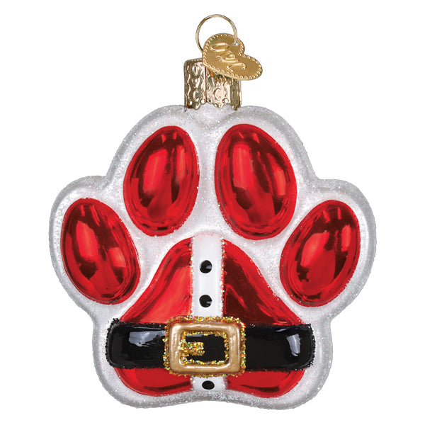 Red and white glass santa paws ornament with glittery silver edges figural decor perfect as lighted decor or dog bowl ornament