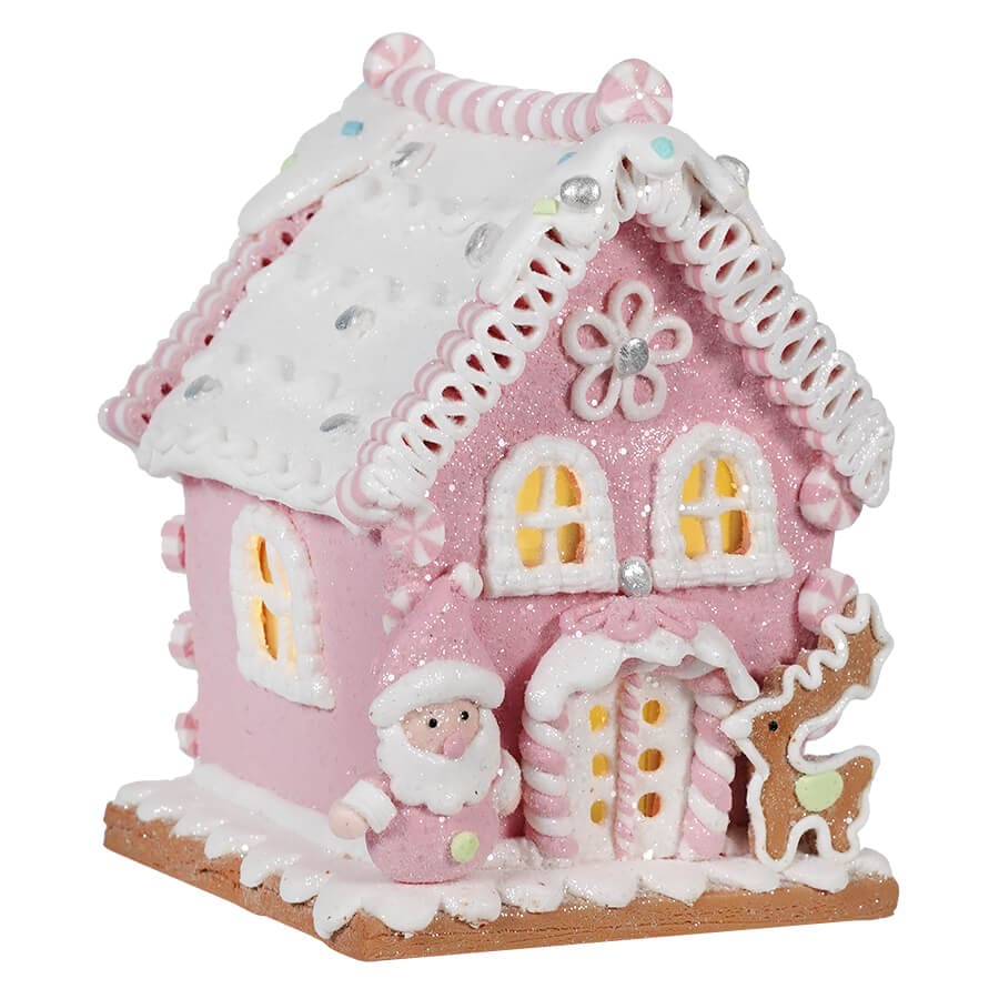 Santa & Reindeer Lighted Pink Gingerbread House - Christmas