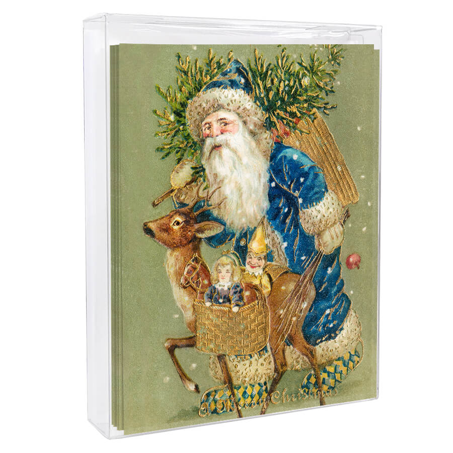 Vintage-style Christmas card depicting Santa Claus in a blue robe with a deer and basket of toys.