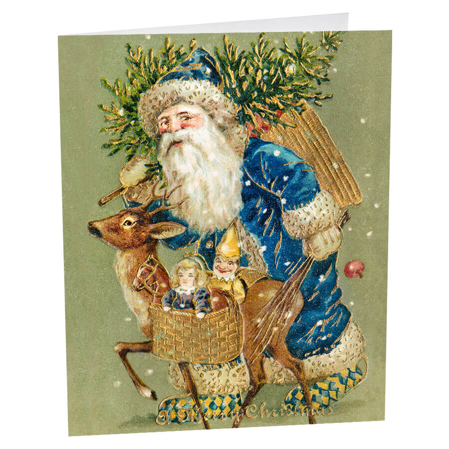 Vintage-style illustration of Santa Claus carrying a basket and greenery while accompanied by a reindeer.