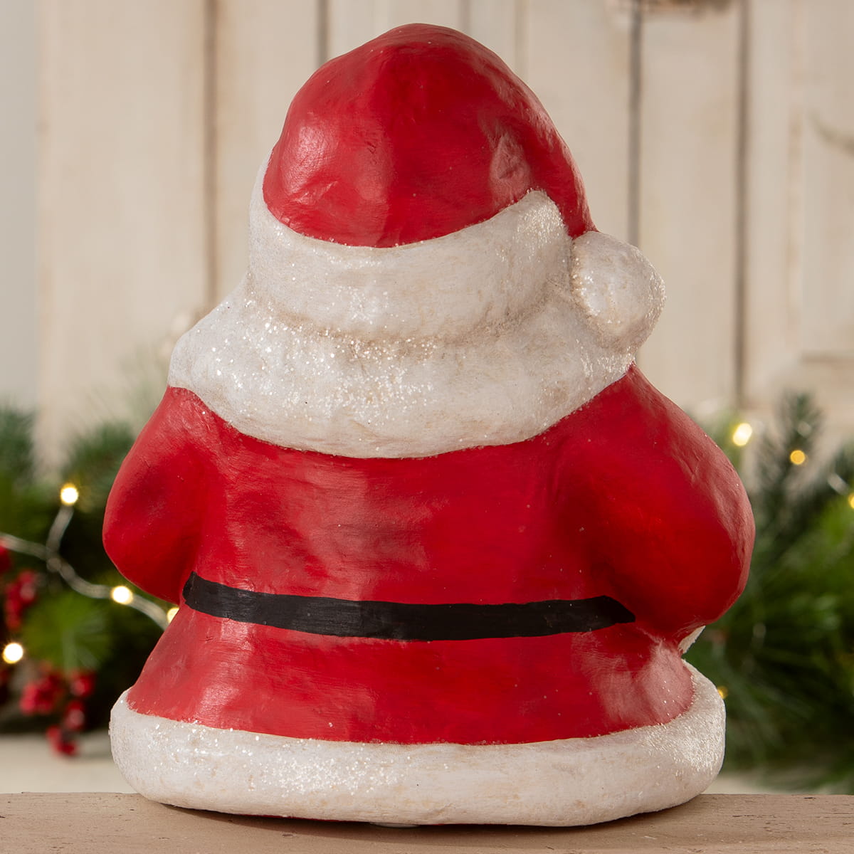Red and white santa shelf sitter made of textured resin with glittery trim from bethany lowe design santa figures