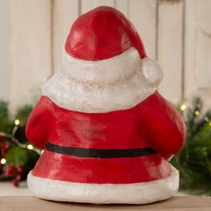 Red and white santa shelf sitter made of textured resin with glittery trim from bethany lowe design santa figures