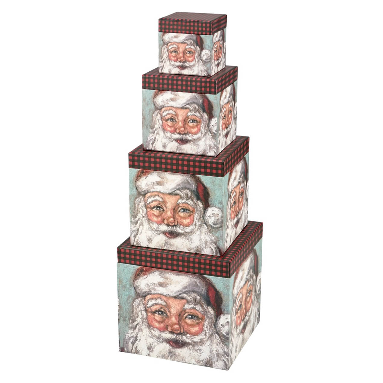 Stack of four nested gift boxes decorated with Santa Claus faces and plaid patterns.