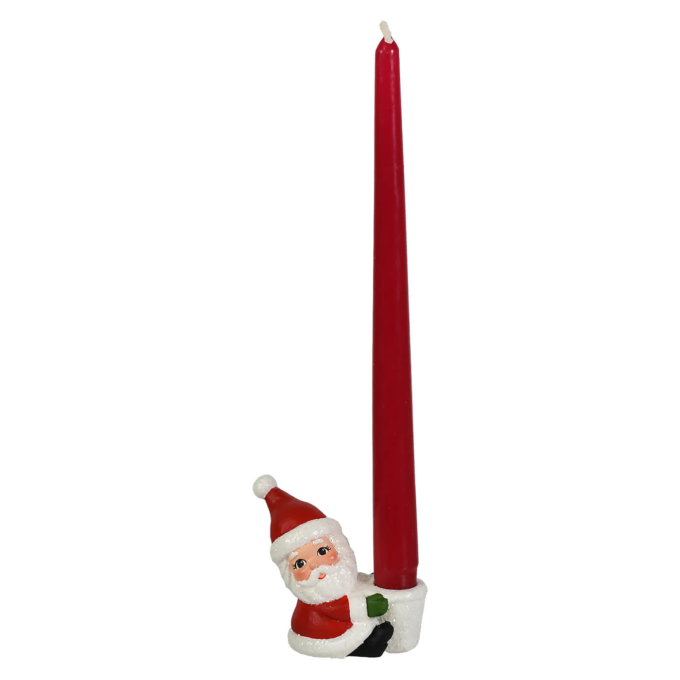 Red candle held by white santa taper candle holder from bethany lowe design christmas candles and candle holders