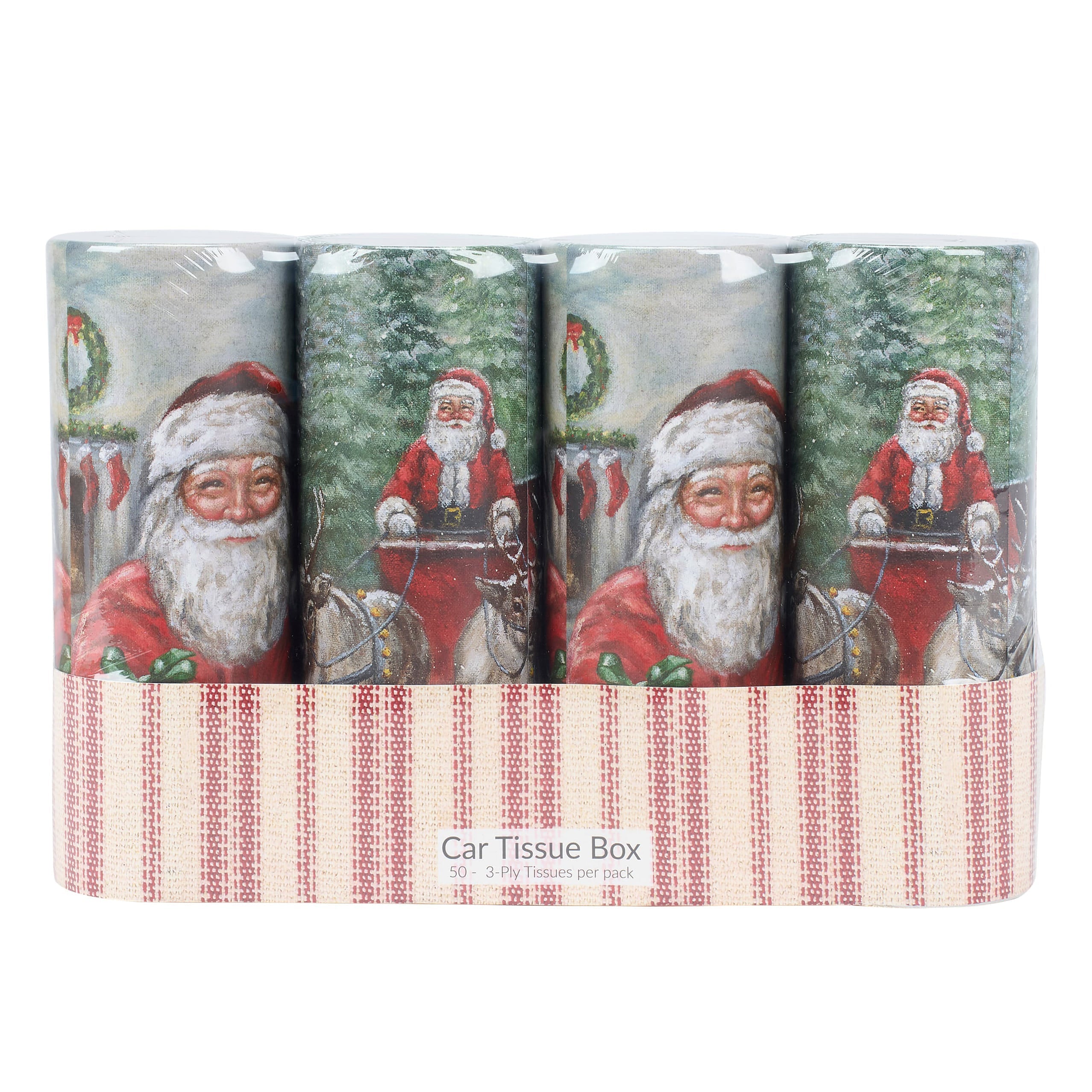 Set of four festive car tissue boxes with vintage santa on red cream wrap perfect for treat daily totes and halloween totes
