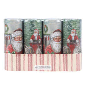 Set of four festive car tissue boxes with vintage santa on red cream wrap perfect for treat daily totes and halloween totes