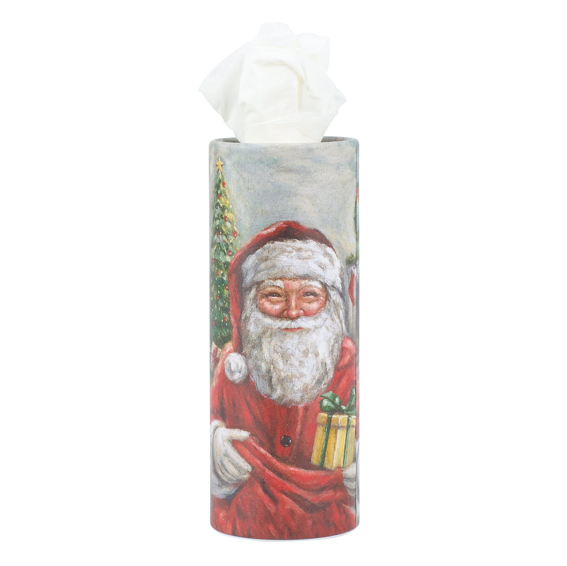 A cylindrical santa tissue box holder with a painted santa in red suit holding a gift next to a christmas tree for daily totes set