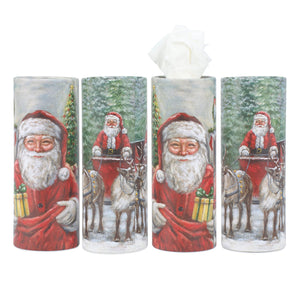 Set of four cylindrical santa tissue boxes with vintage red and white illustrations perfect for daily totes set use