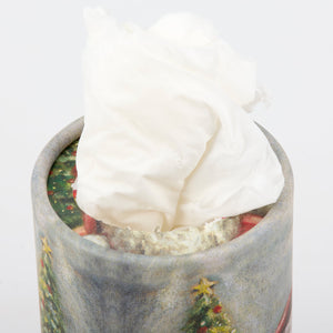 A festive gray santa tissue box with christmas tree design filled with white tissues from the daily totes set
