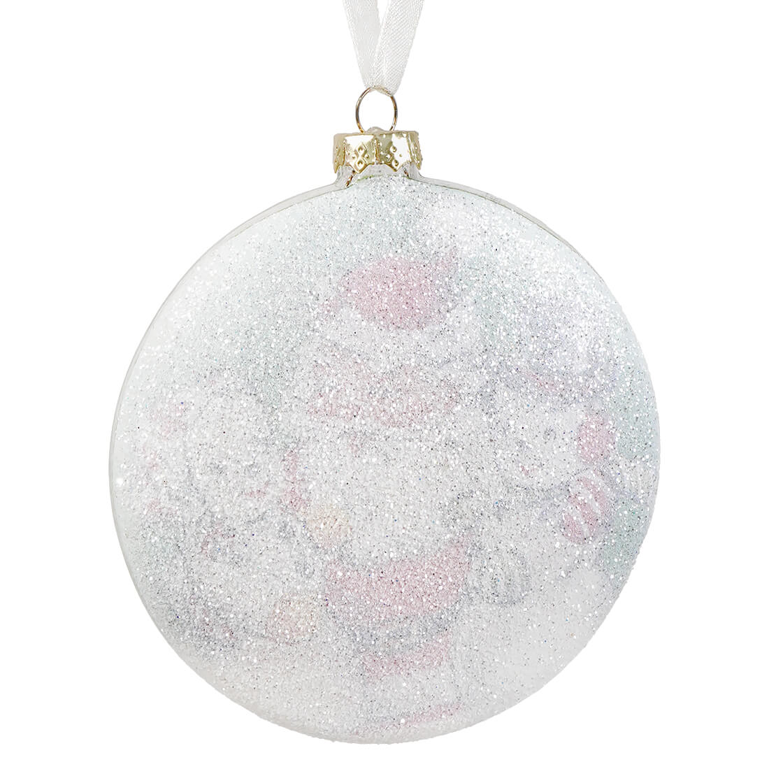 A clear glass disc ornament with silver glitter and pink floral patterns hanging from a white ribbon by bethany lowe