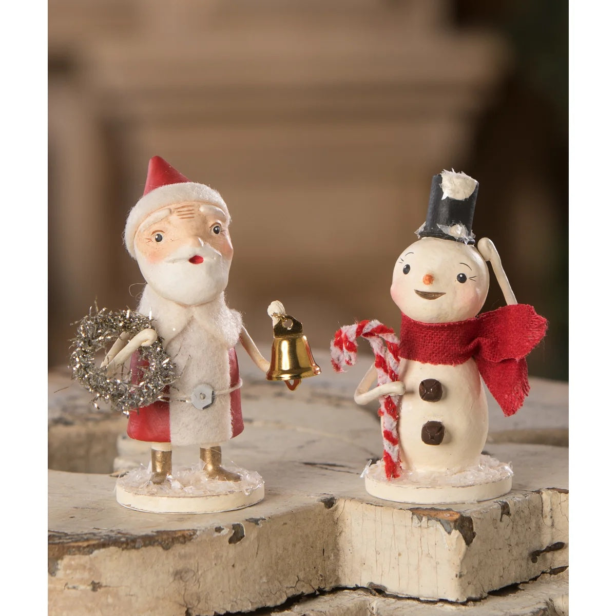Charming santa with wreath and bell figurine with painted porcelain body, glittery silver wreath, perfect folk art santas collectible