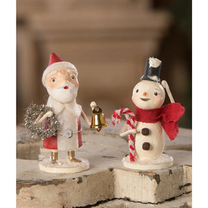 Charming santa with wreath and bell figurine with painted porcelain body, glittery silver wreath, perfect folk art santas collectible