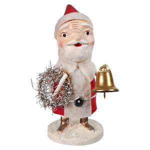 Vintage-style santa claus figurine with red and white hat textured beard red coat gold bell perfect for folk art santas