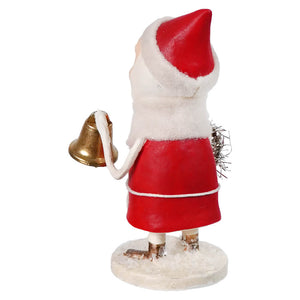 Red and white santa figures holding a golden bell with a wreath perfect for folk art santas collection