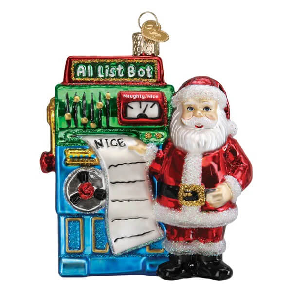 Red and white world christmas glass santa’s ai bot ornament standing next to colorful all list bot slot machine