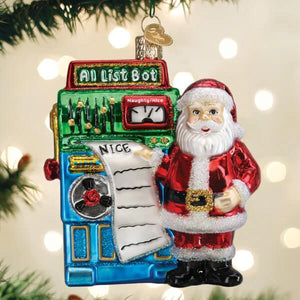 Red and silver world christmas glass santa’s ai bot ornament holding a nice list next to a colorful glittery slot machine