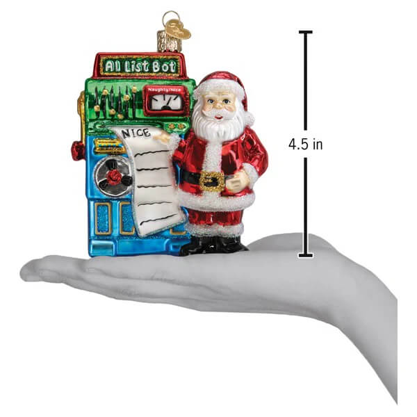 Red and white world christmas glass santa’s ai bot ornament standing beside colorful all list bot machine
