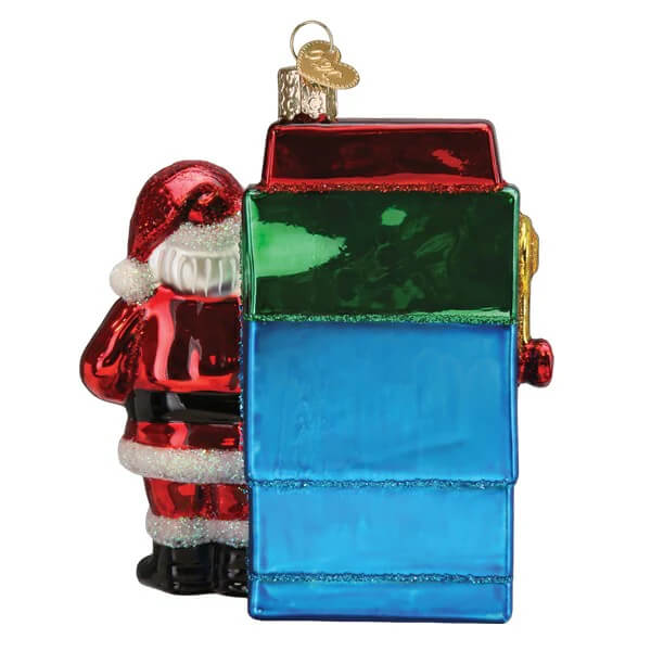 Red and green world christmas glass ornament with santa’s ai bot peeking behind multi-colored segmented house