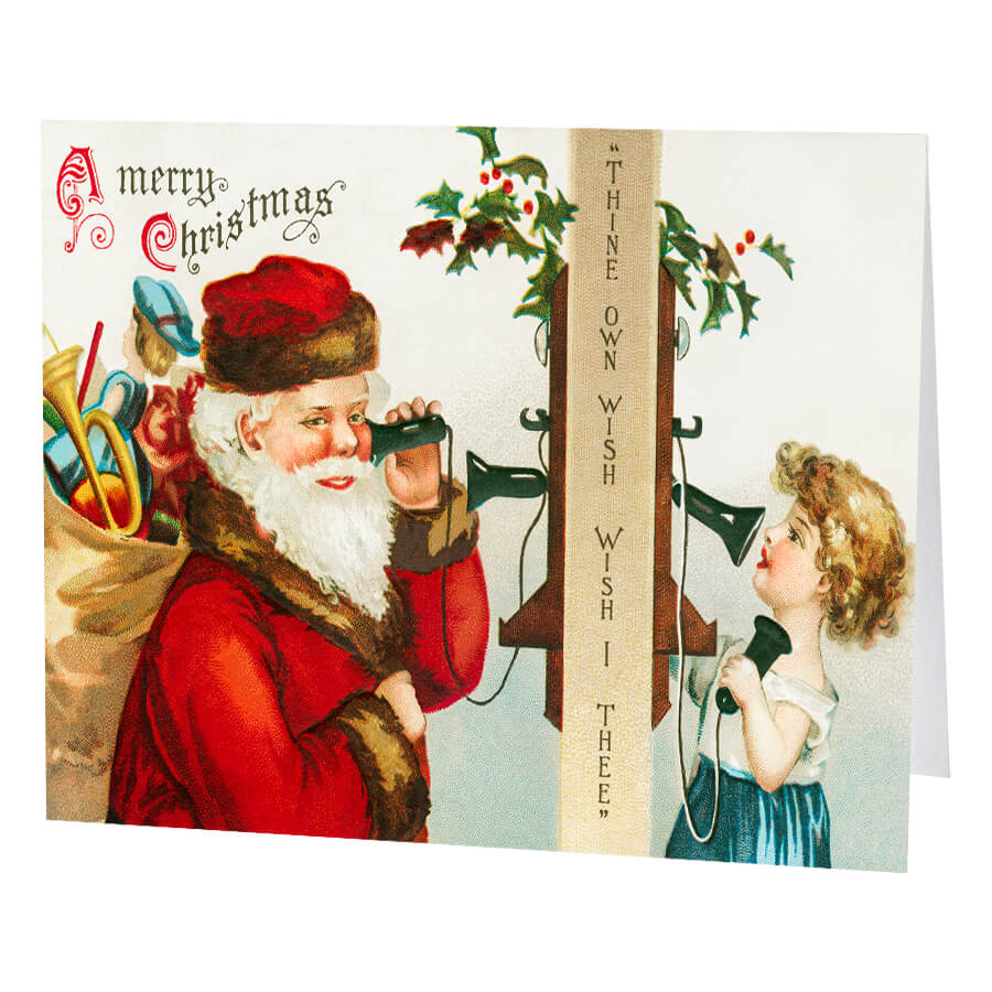 Vintage Christmas card featuring Santa Claus talking on a telephone with a child.