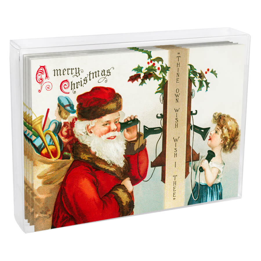 Vintage-style Christmas card box featuring Santa Claus and a child.