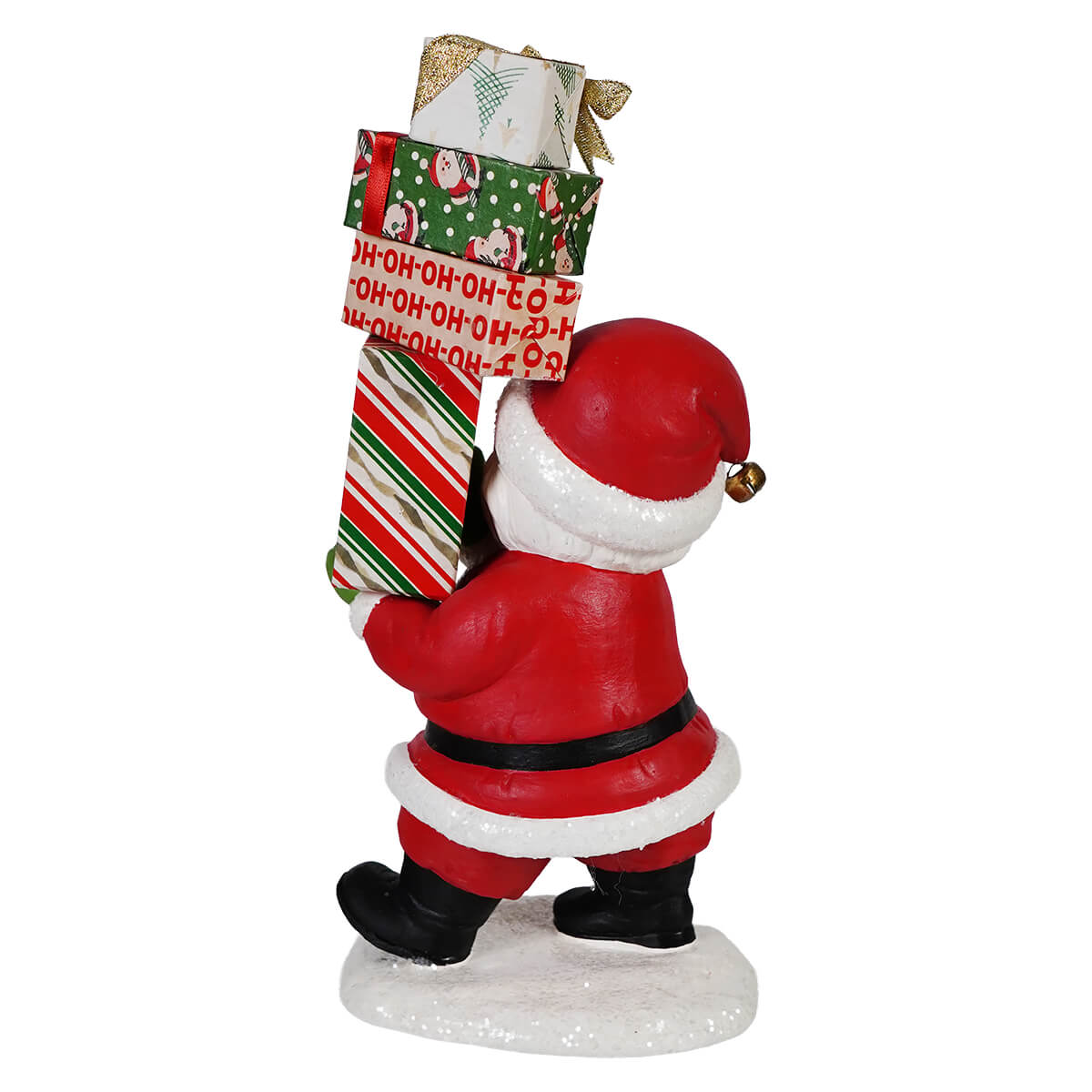 Red and white bethany lowes santa delivery figurine carrying festive wrapped christmas presents stack