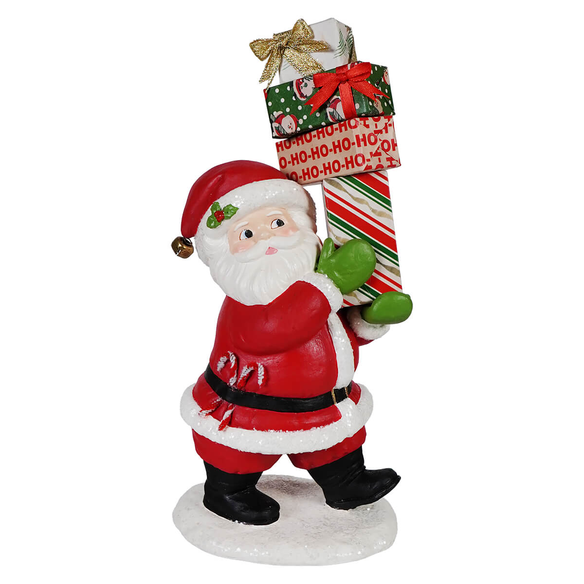 Santa figurine carrying gifts in vibrant red outfit handcrafted by Bethany Lowe’s santa’s delivery collection