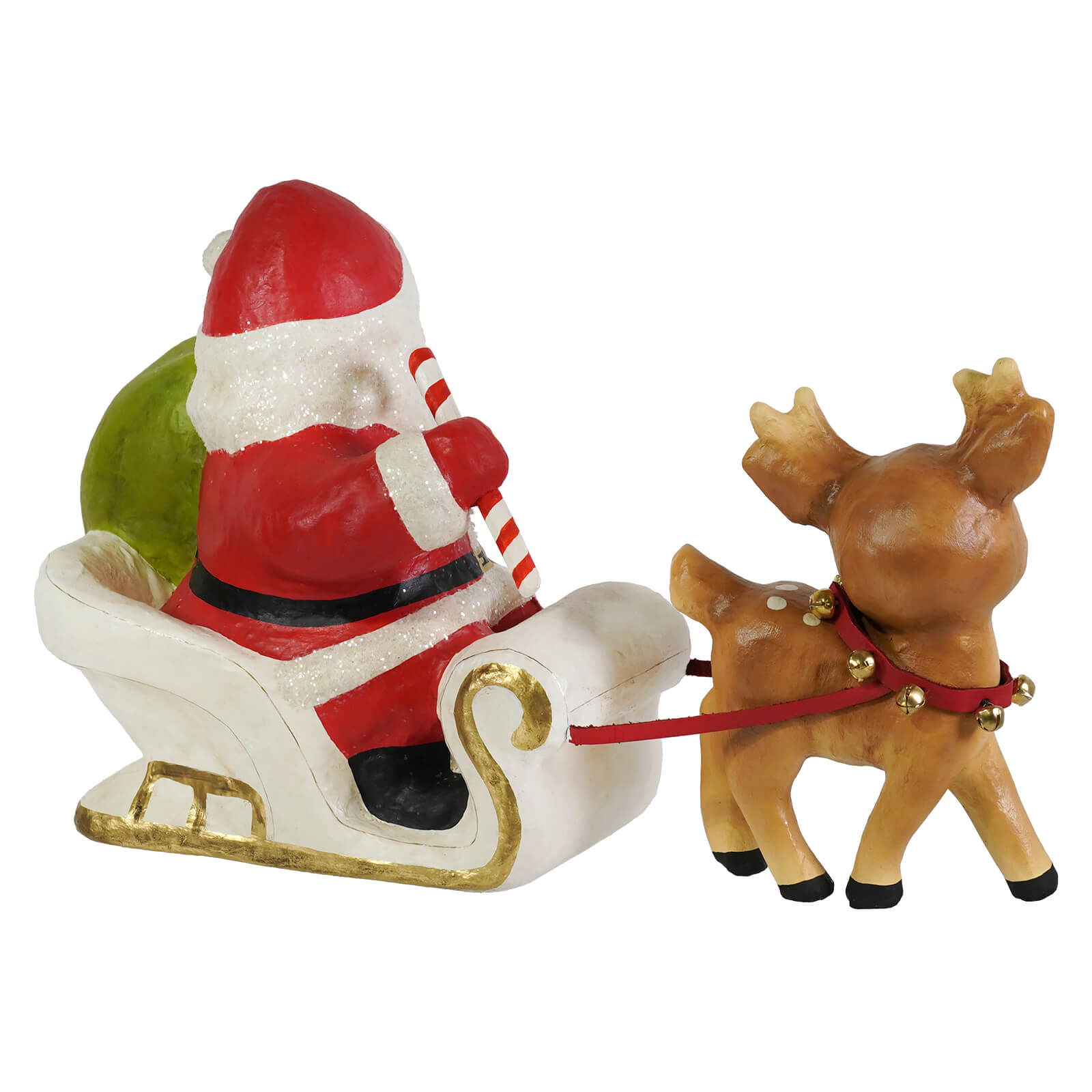Bethany lowe design santa figures with red and white santa in white sleigh and brown christmas reindeer decor