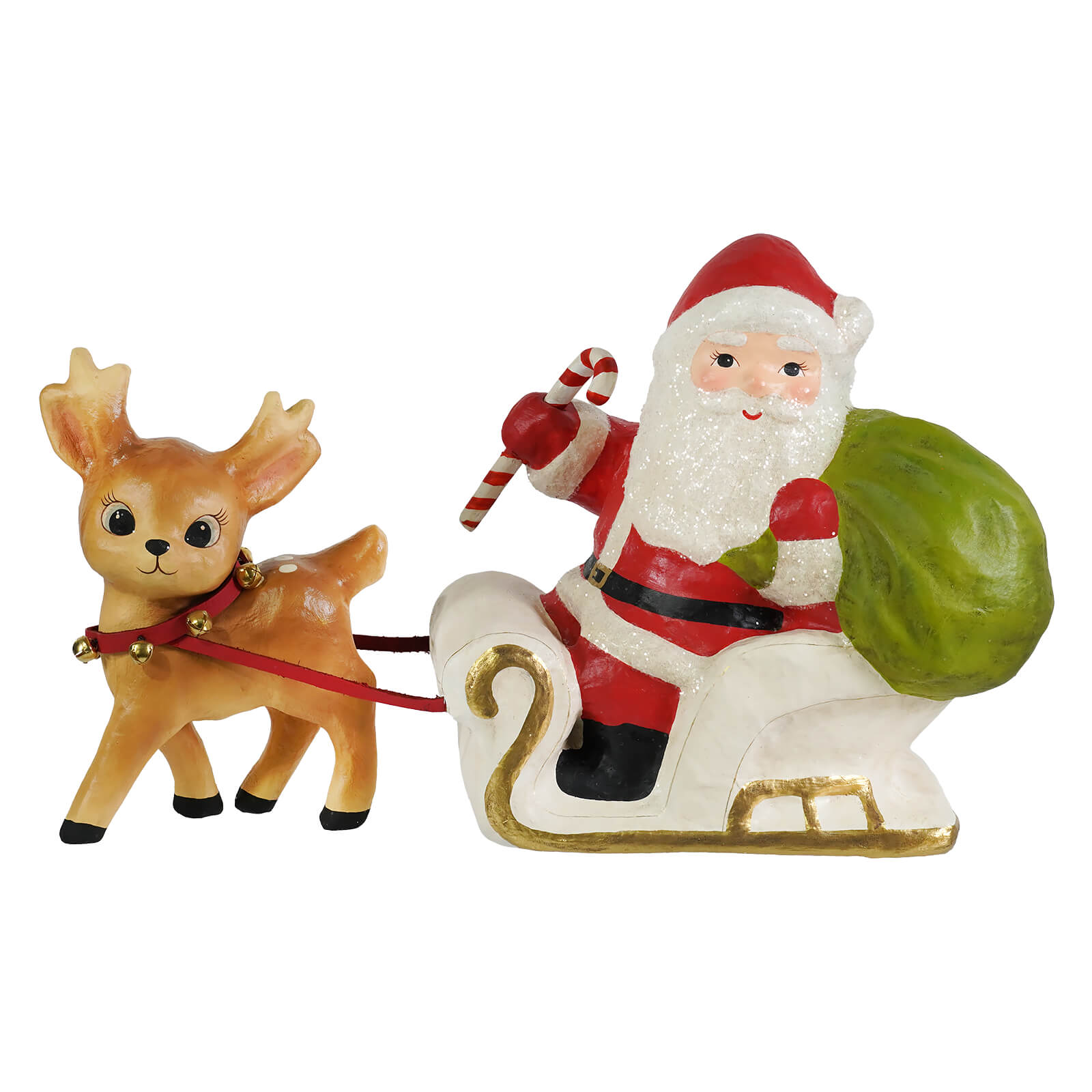 Red and white bethany lowe design santa figurine with glittery beard in white sleigh pulling tan christmas reindeer decor