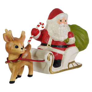 Red and white glittery bethany lowe design santa figure in sleigh with tan christmas reindeer decor holding candy canes