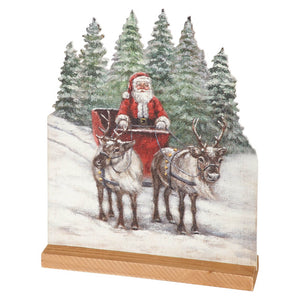 Vintage santa claus stand featuring santa claus in a red sleigh pulled by reindeer for holiday decor