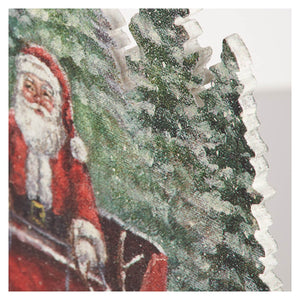 Vintage santa claus stand up printed on textured green snow dusted paper with serrated edges in santa figures style
