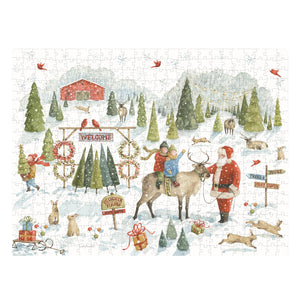 A christmas tree farm puzzle featuring santa, reindeer, and kids in a snowy festive farm scene