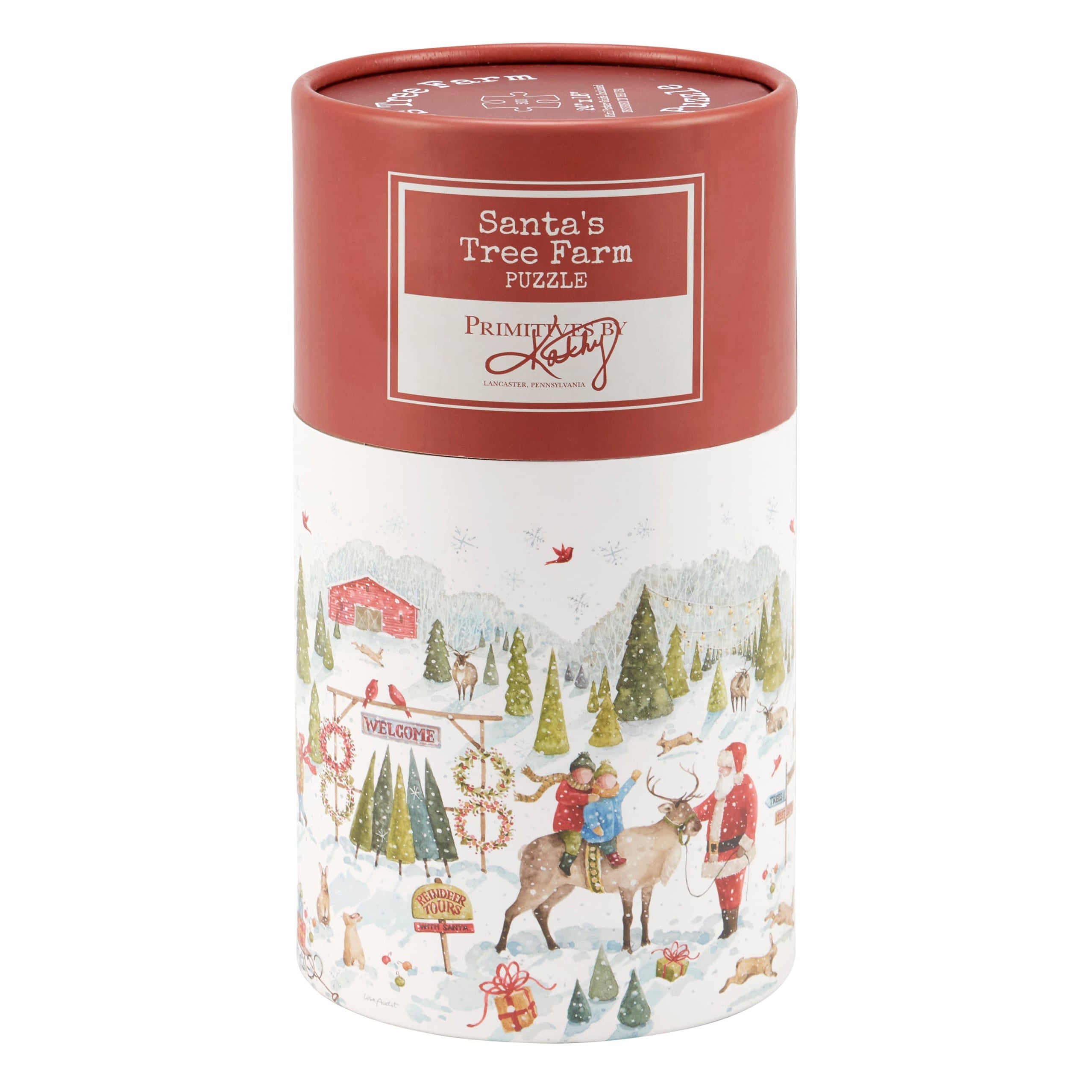 A cylindrical tree farm puzzle box with festive santa farm illustration in red and white holiday packaging