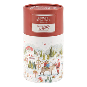 A cylindrical tree farm puzzle box with festive santa farm illustration in red and white holiday packaging