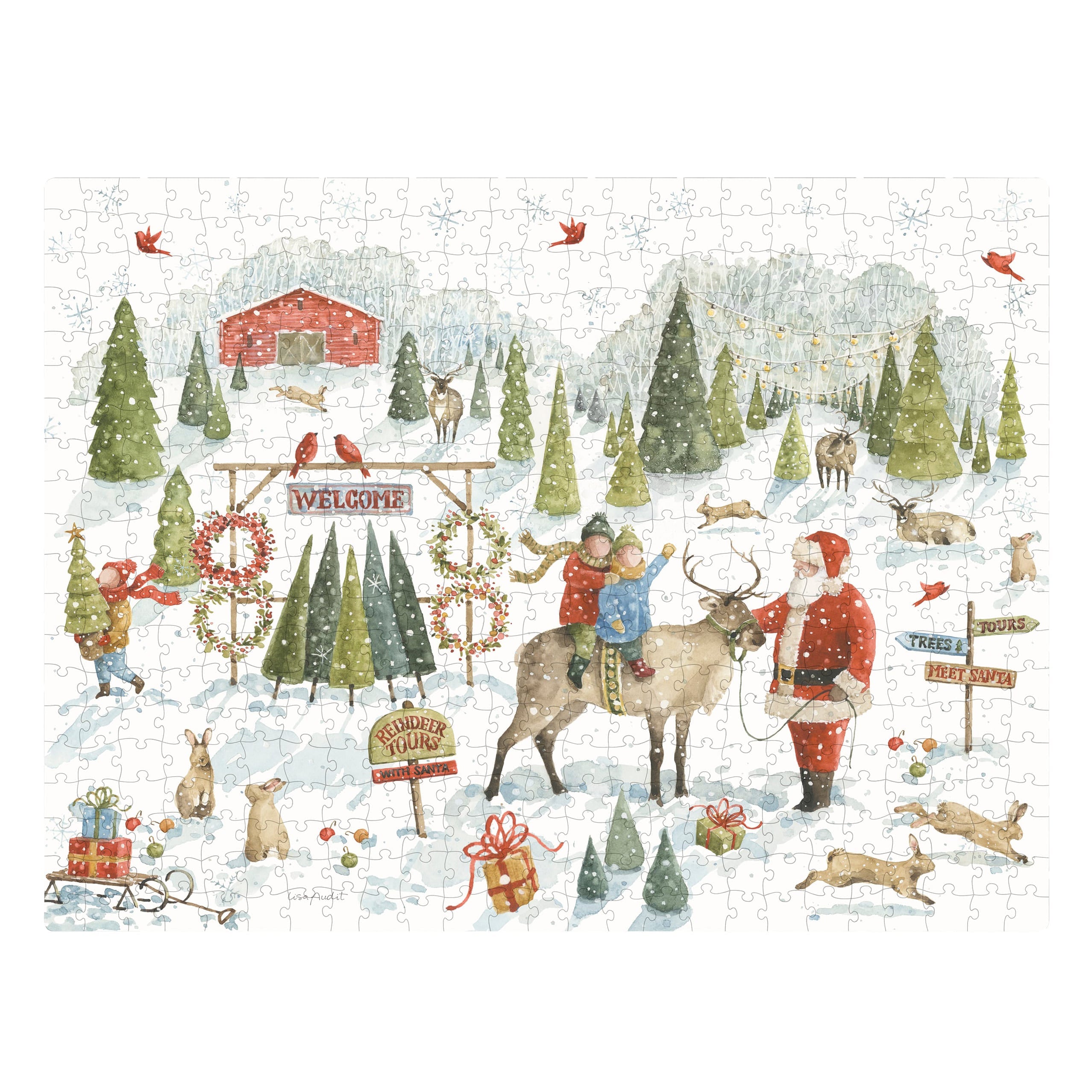 A christmas tree farm puzzle featuring santa, reindeer, and kids in a snowy festive farm scene