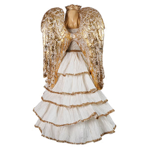 Santos angel with paper skirt featuring a bethany lowe decorative angel with gold wings and white tiered gown trim classic angel tree toppers