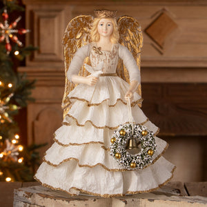 White angel figurine with gold wings and trim holding wreath bells bethany lowe paper skirt classic angel tree toppers
