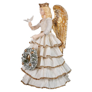 Santo’s angel white figurine with gold trimmed wings and crown holding dove and wreath paper skirt by bethany lowe classic angel tree toppers